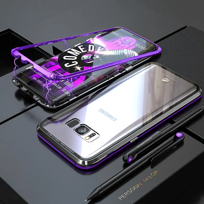Адсорбционный чехол с магнитной рамкой для samsung Galaxy S10 Plus S8, стеклянный защитный чехол для samsung S10 Plus, чехол для samsung S10, чехол - Цвет: Black Purple