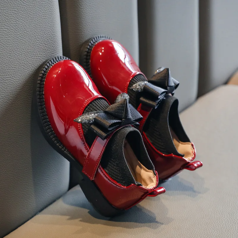 

Fashion Bow Girls Princess Shoes Leather Knitting Patchwork Flats Kids Party Anti Slip Soft Bottom Children Loafers Mary Janes