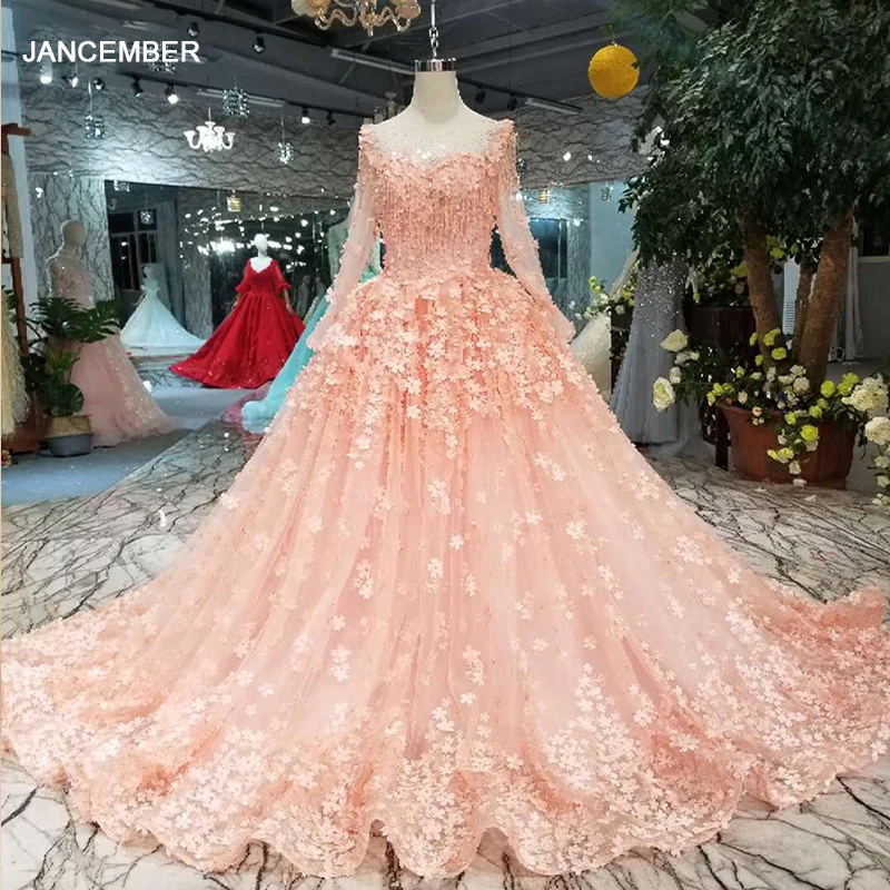 Розовые платья для девочек LSS197 с длинным тюлевым рукавом и круглым вырезом в пол