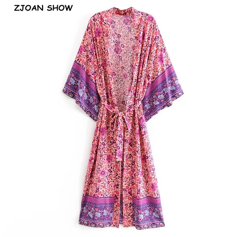 2020 BOHO Fuchsia Floral Print Long Kimono Shirt Hippie Women Lacing up Tie Bow Sashes Long Cardigan Loose Blouse Tops Holiday