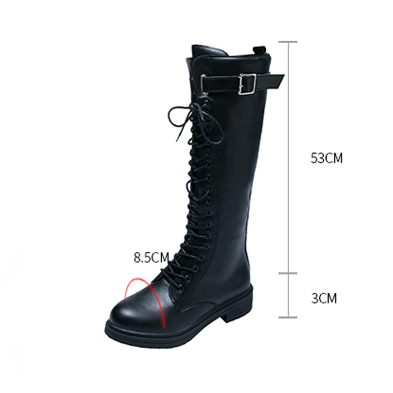 

Solid Black Leather Women Boots Shoes Woman Winter Boots Buckle Zipper Lace Up Knee High Boots Plus Size Low Heels Long Boots