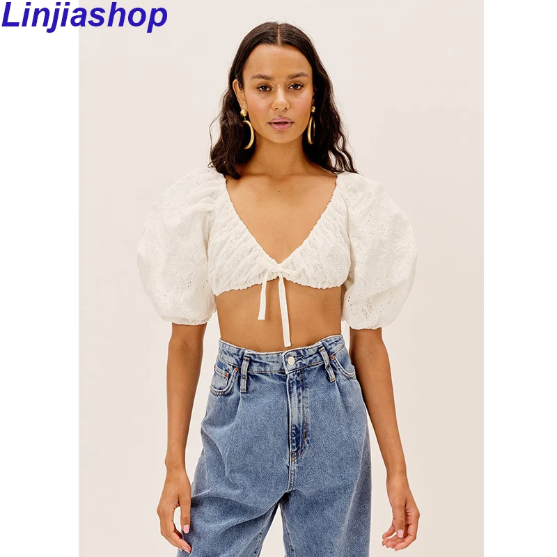 

Women top white cotton crop top short sleeve lace up elastic tank top club solid Fashion Night party vintage camis