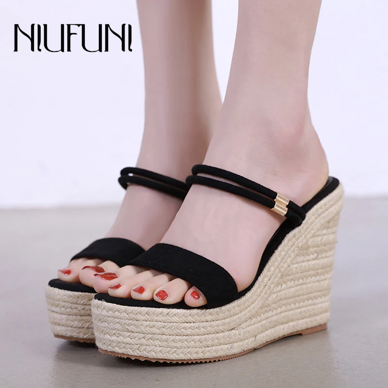 

NIUFUNI Rattan Weave Open Toe Platform Women's Sandals Wedge Sandals Elastic Band Slides Shoes Summer Hollow Two Wear Gladiator