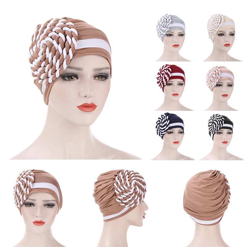 

Helisopus 2021 Two-color Trendy India Turban Braid Knot Muslim Headdress Elastic Head Scarf Ready To Wear Hijab Hats Accessories