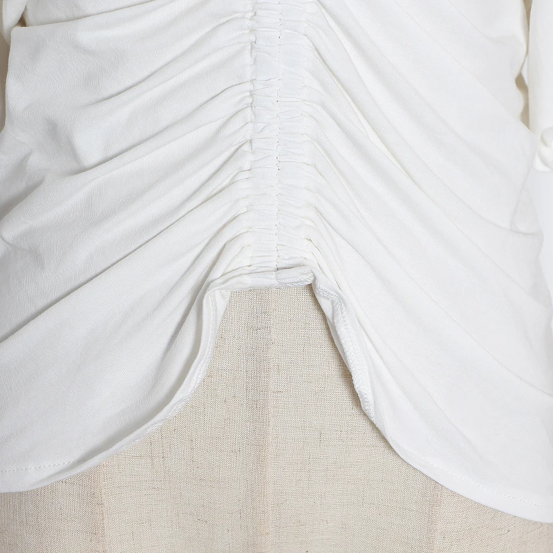 

TWOTWINSTYLE Ruched White T Shirt For Women V Neck Short Sleeve Tunic Front Slit Minimalist T Shirts Female Summer Fashion Tide