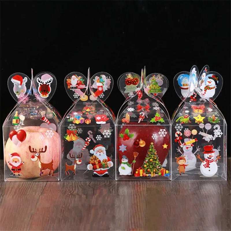 

50Pcs/Lot PVC Box Clear Handle Apple Chocolate Candy Packaging Boxes Gift Box Wedding Birthday Party Christmas Tree Santa Claus
