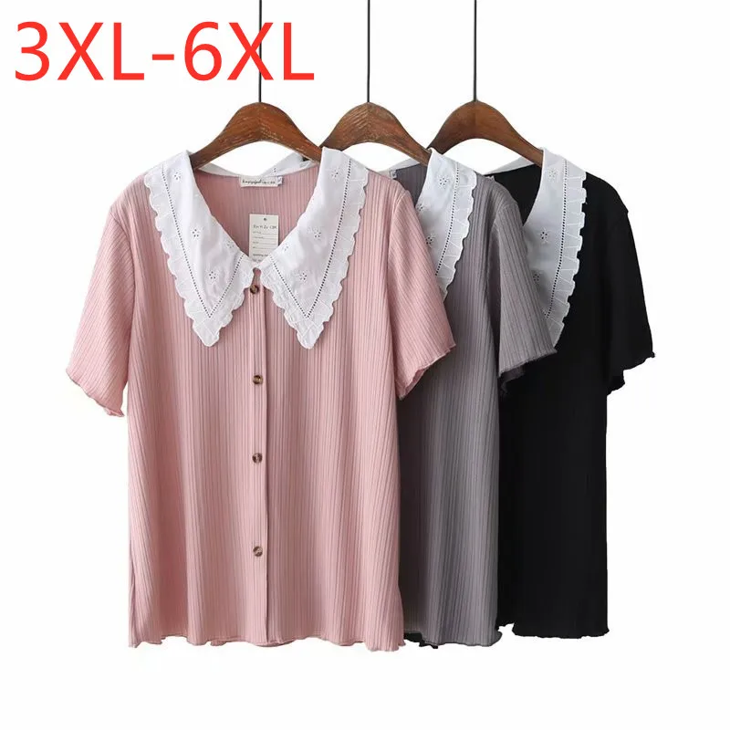 

New 2021 Ladies Summer Plus Size Tops For Women Large Short Sleeve Loose Pink Button Peter Pan Collar T-Shirt 3XL 4XL 5XL 6XL