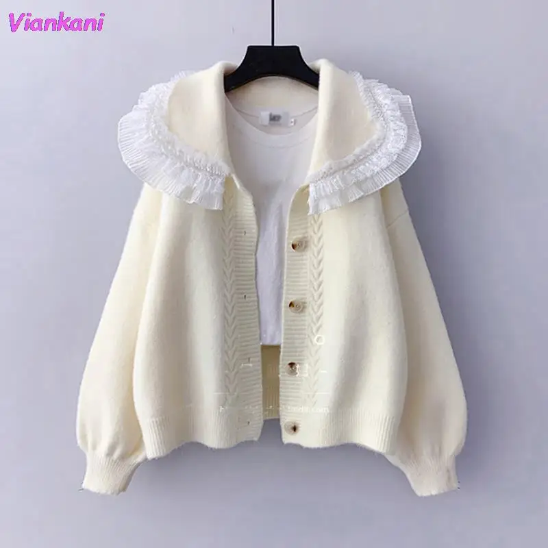 

Женский вязаный кардиган на осень и зиму, кружевной свитер с отложным воротником, Женская куртка, 2021, свободный элегантный женский кардиган,...