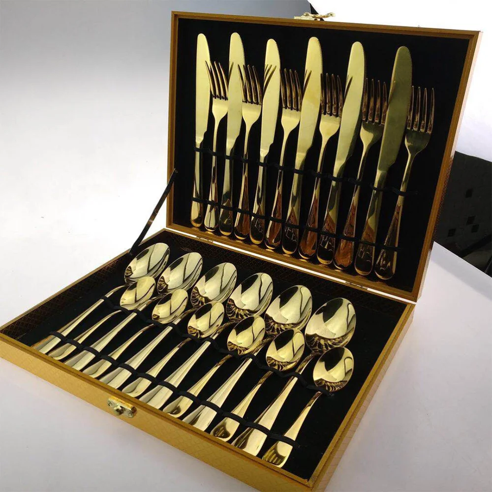 

24 in 1 Stainless Steel Tableware Set Spoon Fork Cutlery Wooden Box Western Dinnerware Supplies (Colorful)