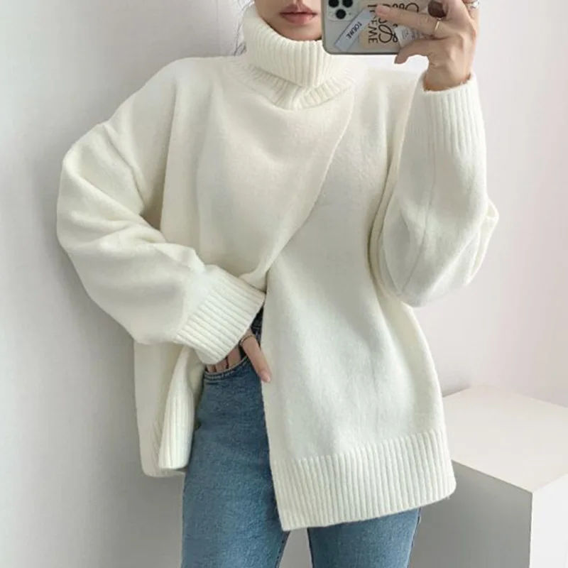 

GASPARINE Oversize Split Casual Solid Color Women Sweaters Gentle Turtleneck Winter 2021 New Warm Comfortable Knitted Pullover