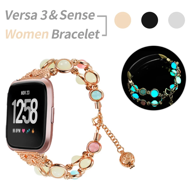 

Women Luminous Bead Bracelet for Fitbit Sense Versa 3 Watch Band Metal Chain Strap Easy Adjustment Belt Pendant Link Wristband