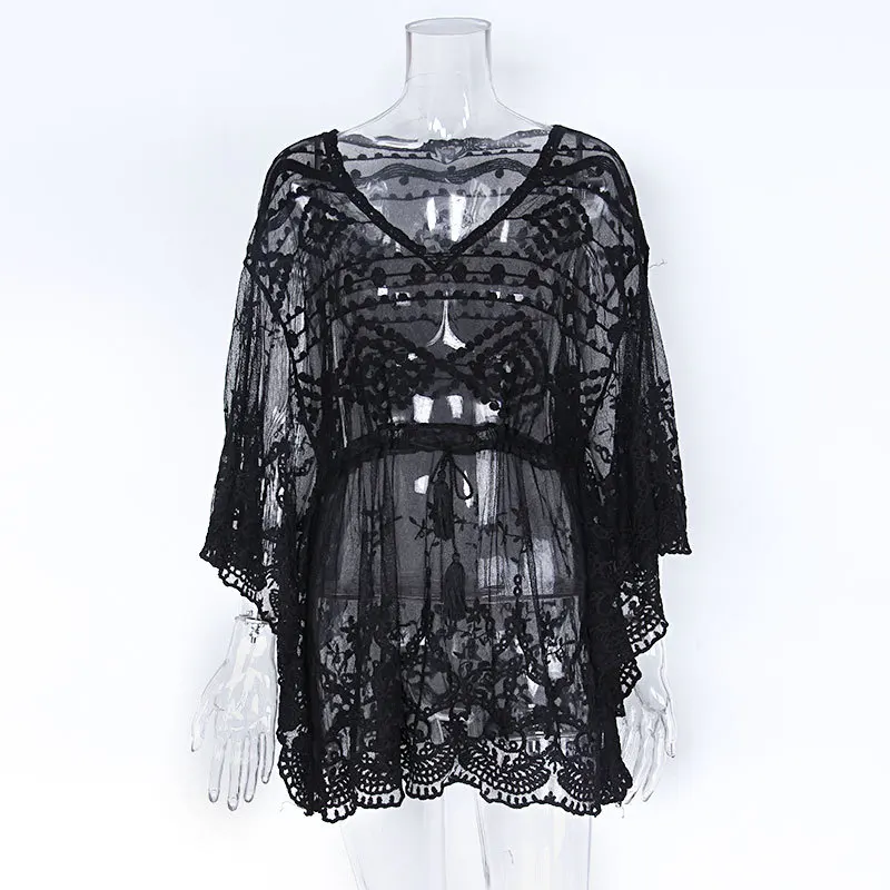 

New Summer Knitwear Female Lace Mesh Embroidered Bikini Hoodie Sunscreen Holiday Beach Skirt