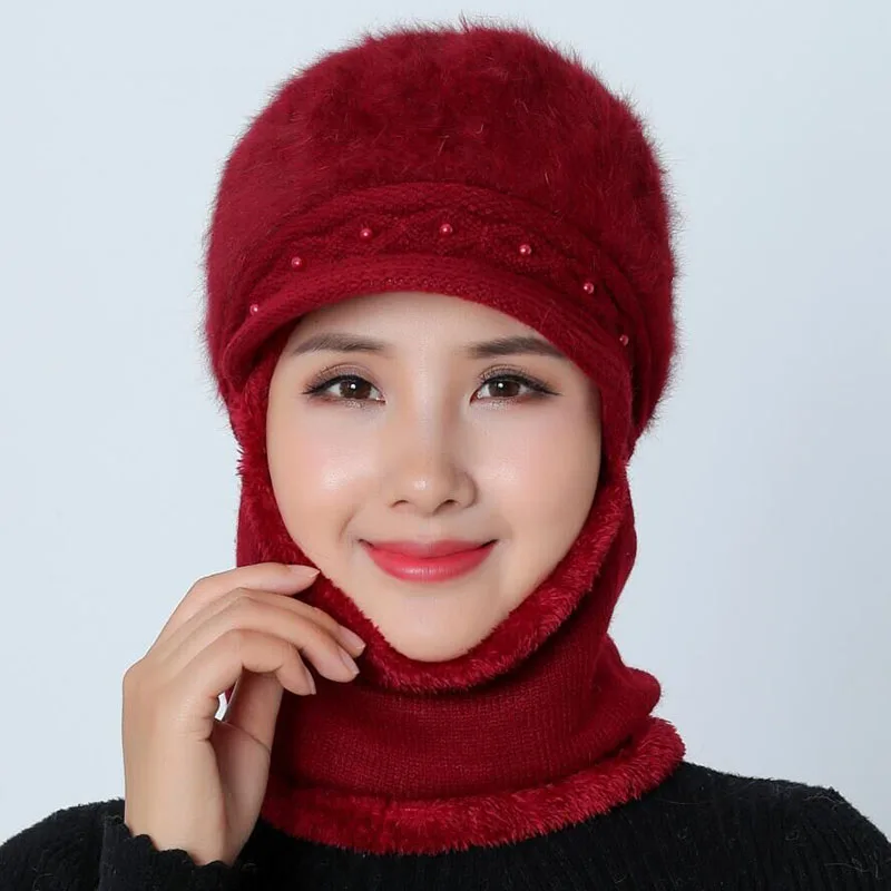 Высококачественные зимние шапки для женщин Skullies Beanie cap шляпки из шерсти набор теплая маска Gorras шапка из кроличьего меха Вязаная Шапка