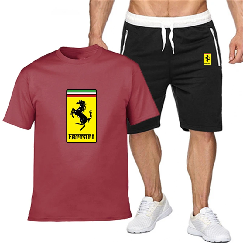 

popular new car logo printed pure cotton men's T-shirt + Sports Shorts Set high quality pures T shirt sport running