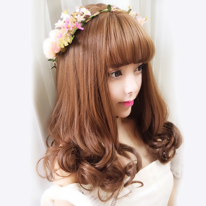 

LANLAN Female synthetic short hair medium-length curly hair inner buckle pear flower head air bangs wig high temperature fiber