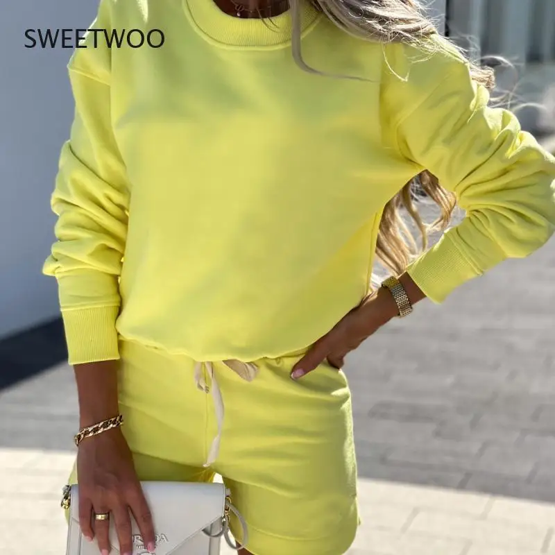 

Casual Women's Summer 2-Piece Sweatshirt Suit Women's Long-Sleeved Sweatshirt Drawstring Shorts Plus Size Suit Two-Piece Suit