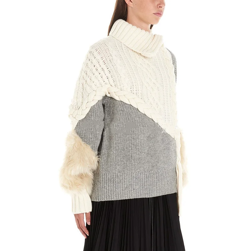 DEAT Gray Lapel Stitching Fur Long-sleeved Thick Wool Hit Color Woman Sweater Coat Casual Fashion Autumn Winter New TD065
