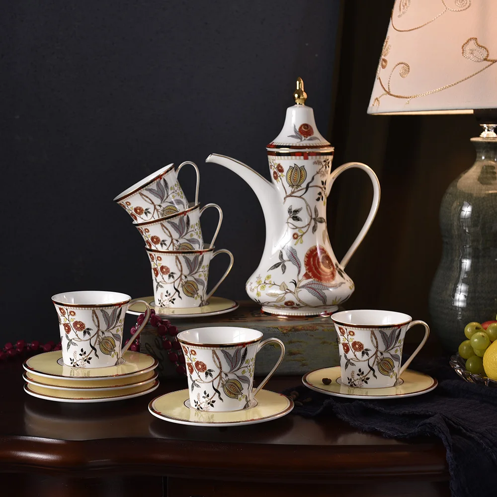 

European Vintage Flower Pattern Ceramic Coffee Sets Cup Saucer Pot 15 PCS Fine Bone China Tea Gift Sets