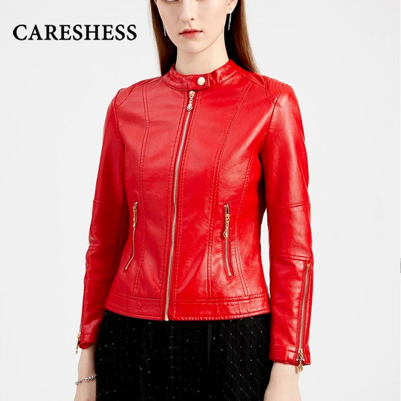 

CARESHESS 2021 Новинка Весна-Осень Женская Короткая кожаная куртка с воротником-стойкой на молнии тонкая женская мотоциклетная одежда