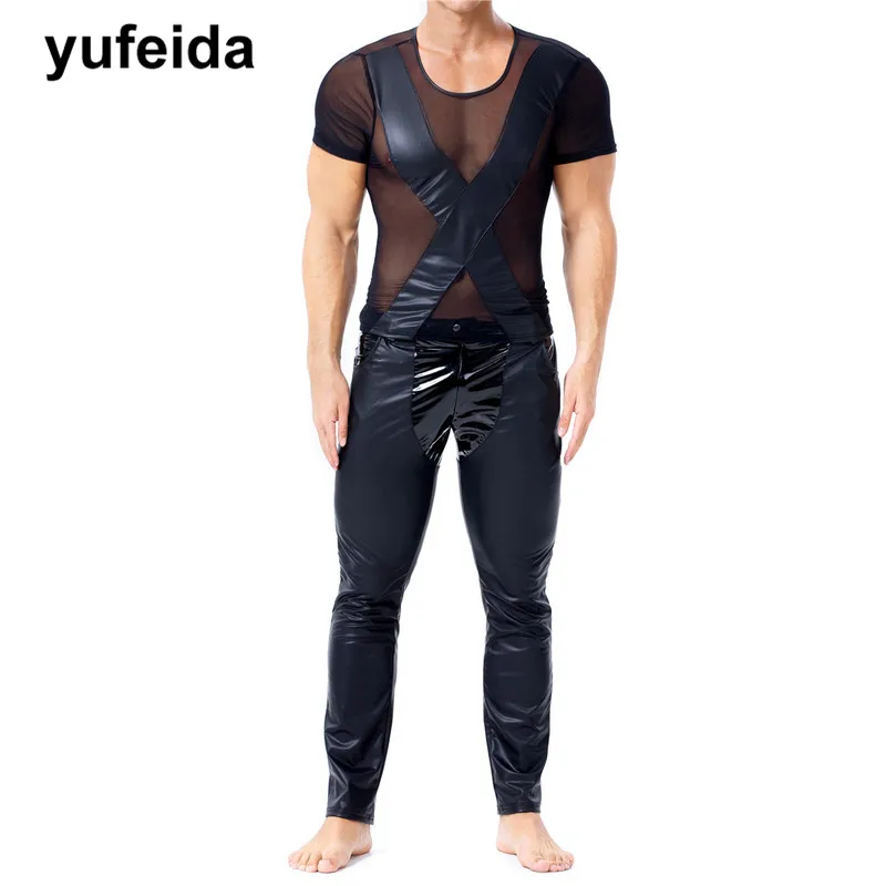 

Men Clothes Set Sexy Men Undershirts Trousers Faux Leather T-shirt Tops Long Pants Sexy Costums Outfits Set Night Dance Clubwear