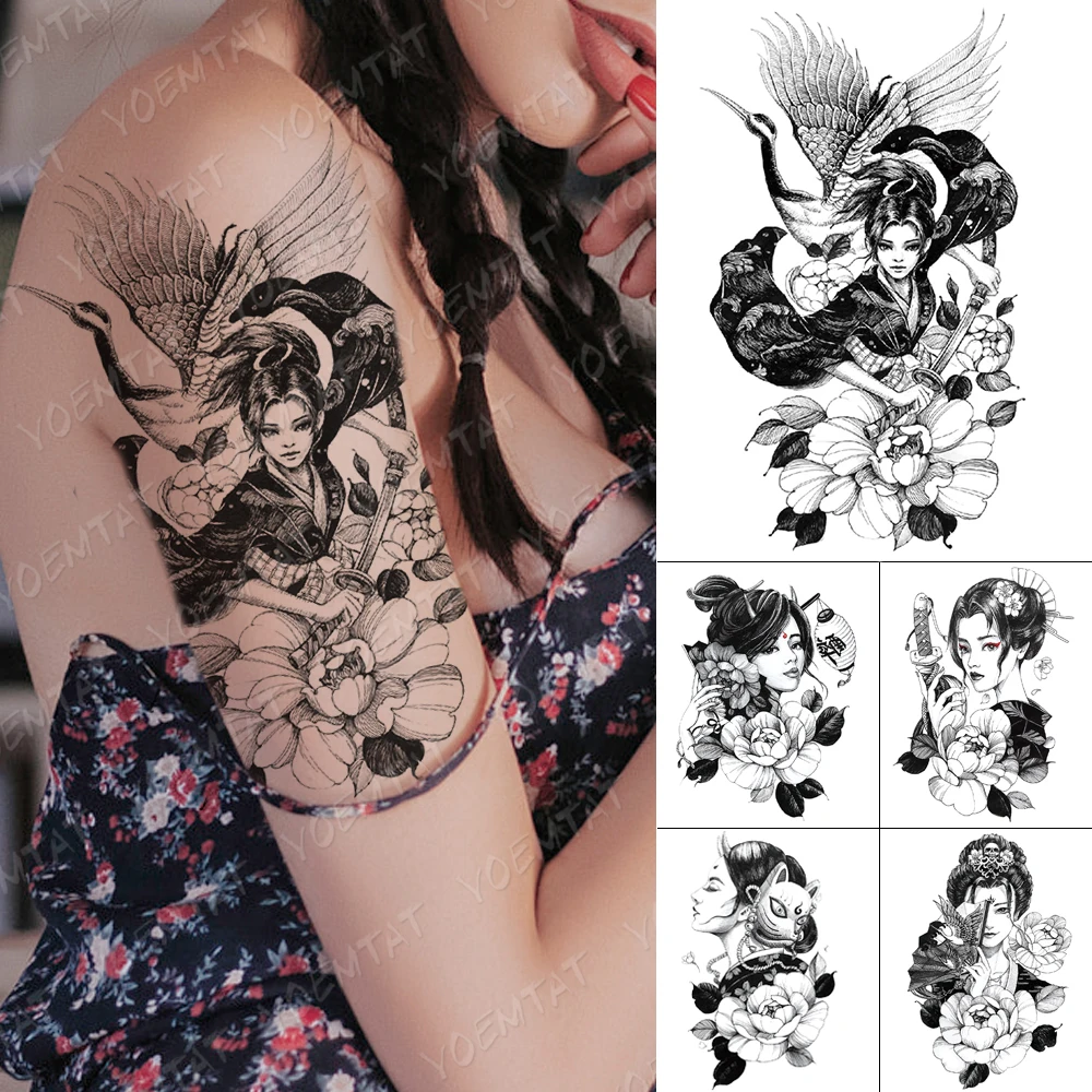 

Waterproof Temporary Tattoo Stickers Japanese Geisha Crane Peony Flower Knife Flash Tattoos Female Body Art Fake Tatoo
