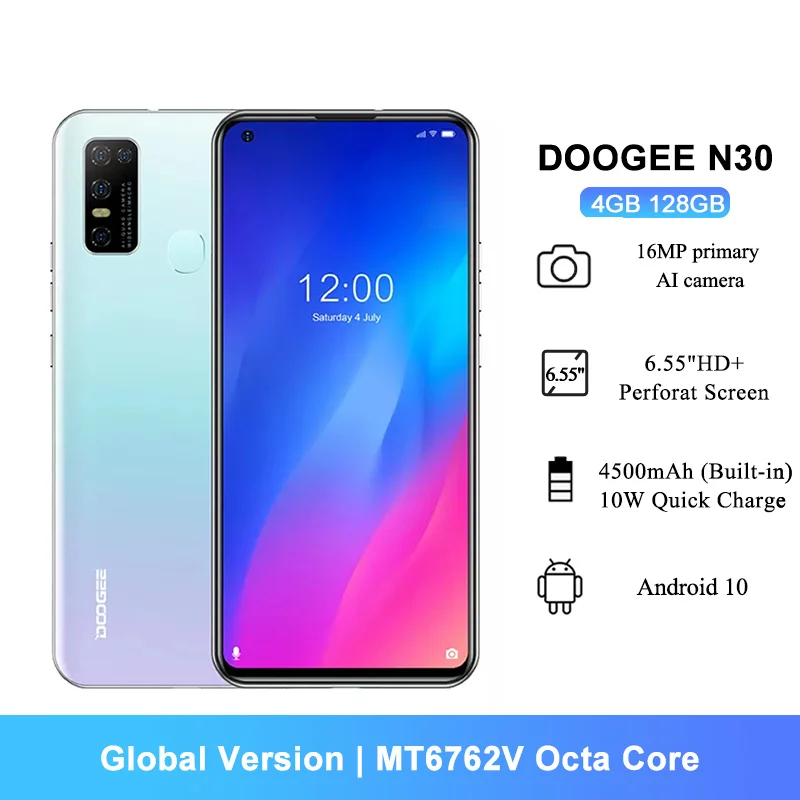 

DOOGEE – téléphone portable N30, écran HD + de 6.55 pouces, Smartphone, MT6762V, Octa Core, 4 go de ram, 128 go de rom, caméra