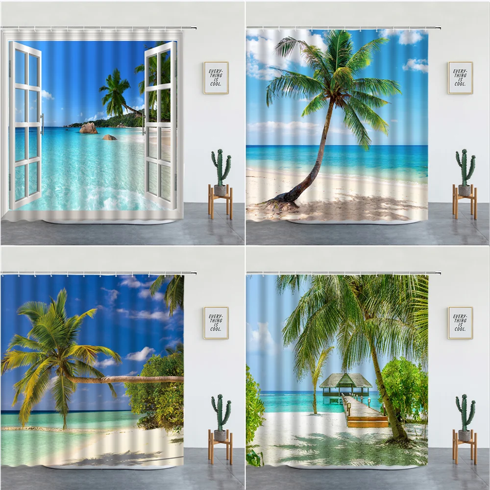 

Seaside Sunlight Beach Shower Curtains Ocean Scenery Coconut Tree For Bathroom Decor Polyester Frabic Bathtub Screen With Hooks