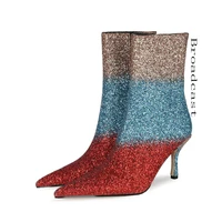 broadcast spring and summer womens shoes 2021 pointed toe fashion color matching sequined mid heel elegant stiletto ankle boots