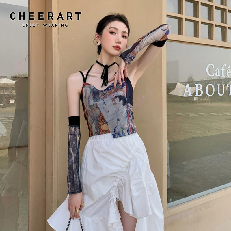 CHEERART Y2k летний топ с лямкой через шею 2021 Женская мода Klimt эстетичный сетчатый на
