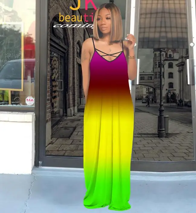 Женские градиентные тай дай платье на петельках длинная юбка карманы с обеих