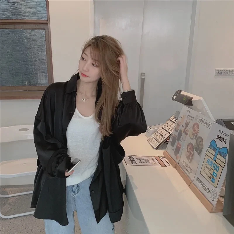 

Autumn New Vintage Solid Office Lady Women Shirts Long Sleeve Large Size Chic Loose Tops Turn-Down Collar Button Fashion Blouses