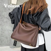 volasss vintage leather womens handbag solid casual lady travel phone bag girl cosmetic bags with zipper pocket retro tote bags