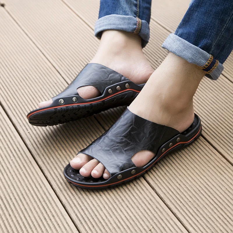 

New Fashion 2019 Casual Men's Leather Slippers Outdoor Large Size 15 Men's Slippers