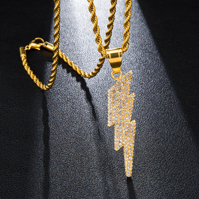 Хип-хоп панк Подвеска с молнией Iced Out Bling Gold Crystal Charm цепочка из нержавеющей стали