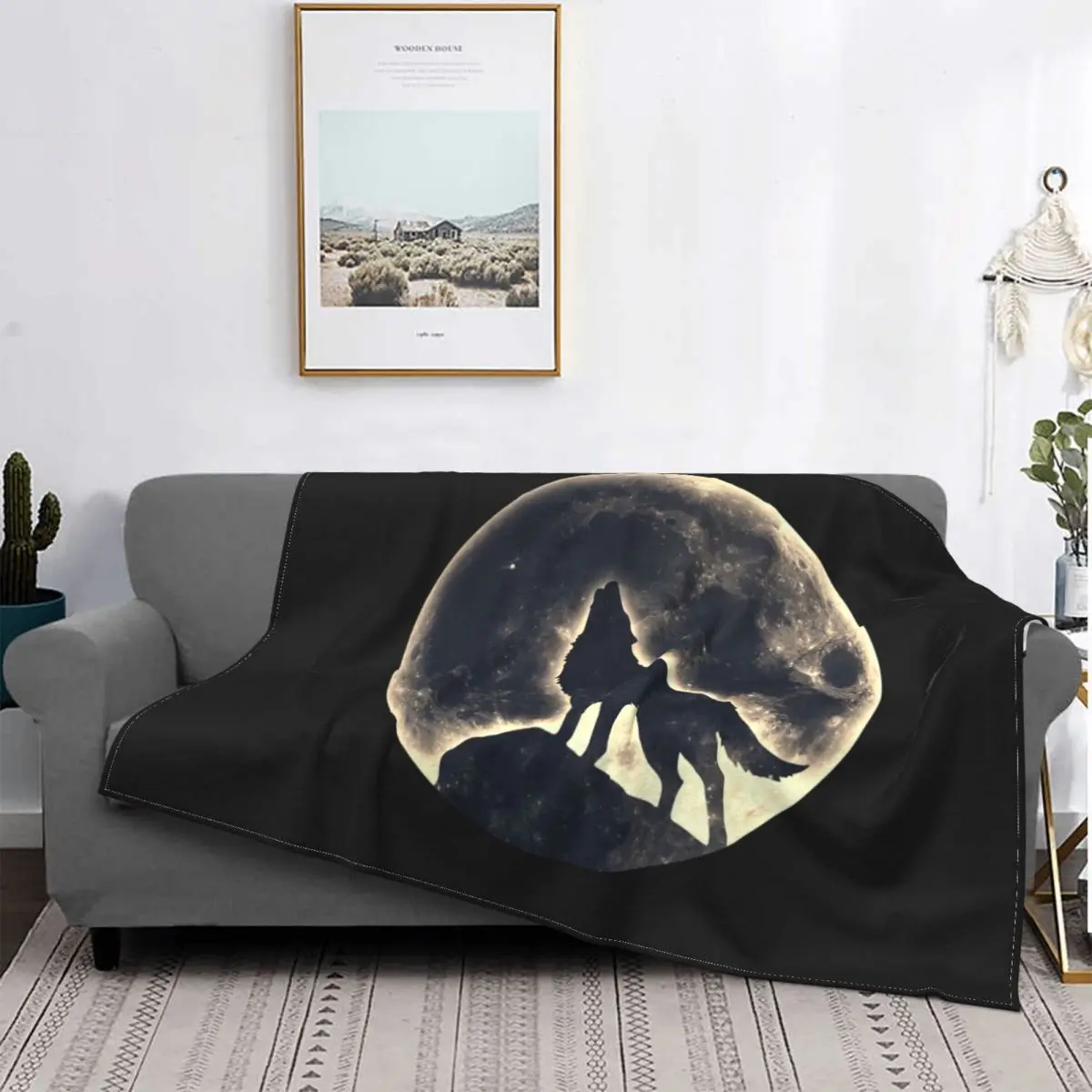 

Wolf Fantasy Blanket Flannel Decoration Wolves Howling Moon Multi-function Soft Throw Blankets for Sofa Bedroom Bedding Throws