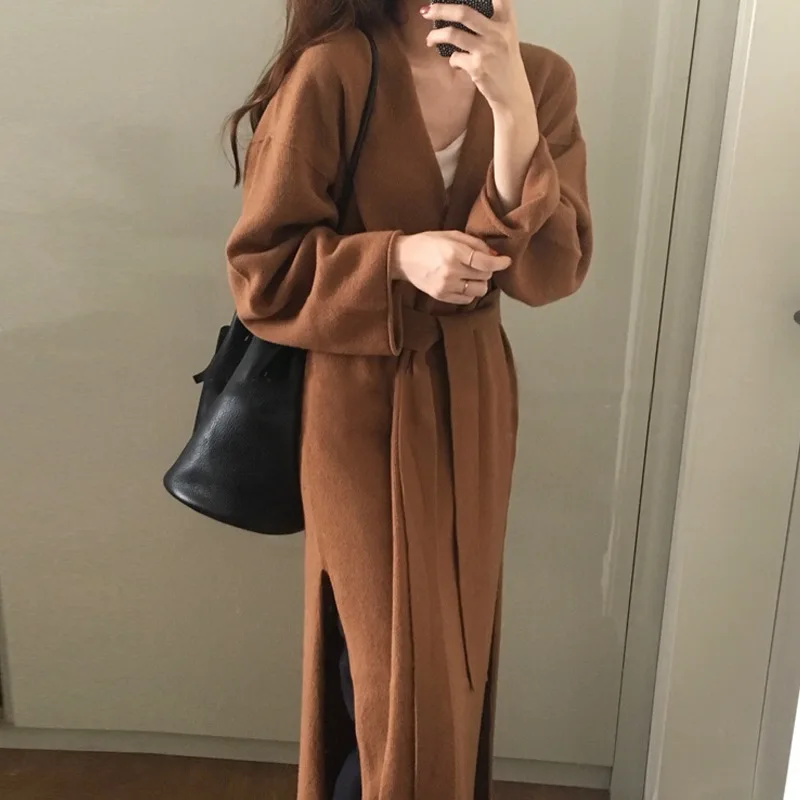 

Long Cardigan Tops Sweaters Woman Fall Winter 2022 Korean New Knitted Jackets V Neck Oversize Coat with Belt Black Gray