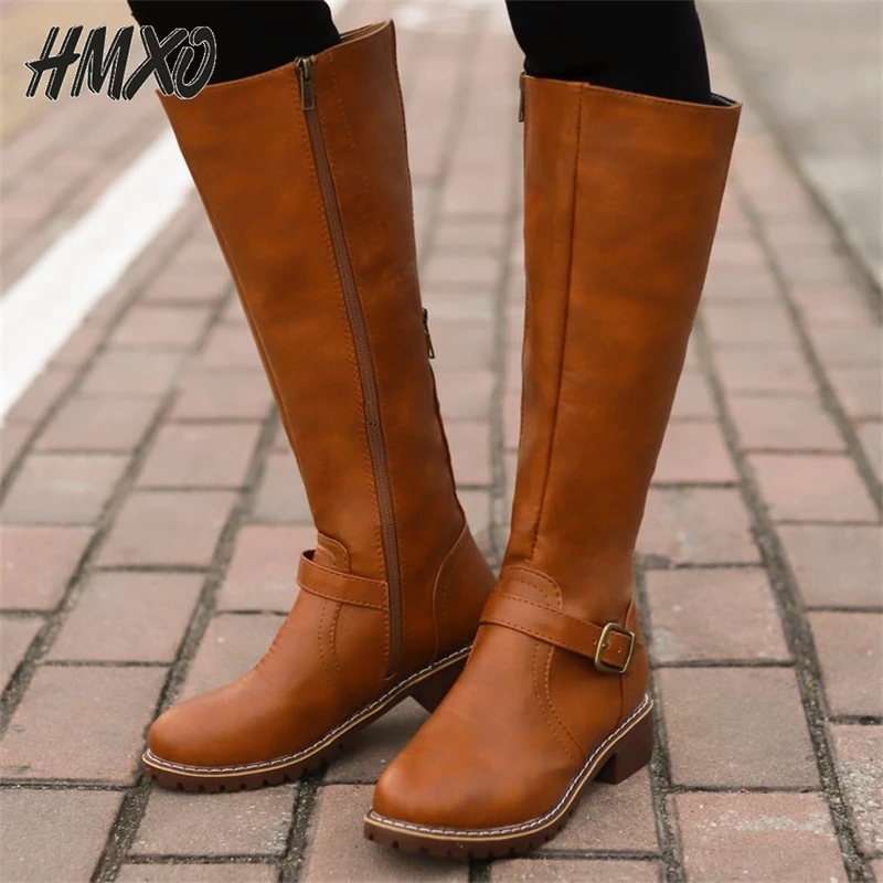 

Round Toe High Tube Belt Buckle Knight Boots Female Large Size Side Zipper Mid-heel Long Tube Casual Women's Boots Combat Boots