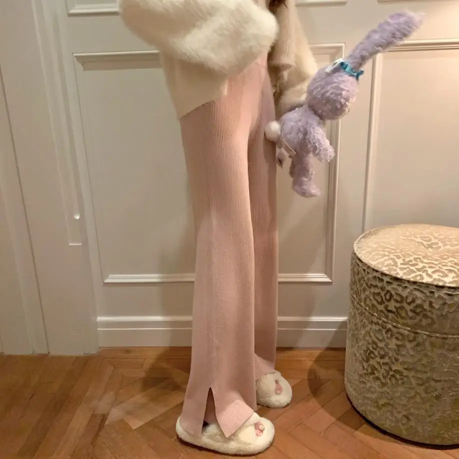 

Wide-legged pants high women's clothing in the new show thin waist high joker knitting side split leisure trousers