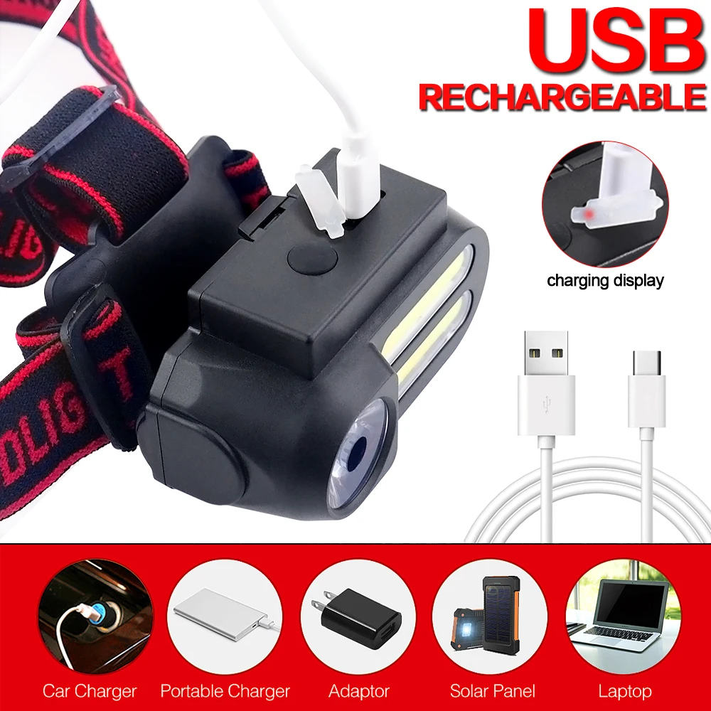 Налобный фонарь 18650 с зарядкой от USB водонепроницаемый Головной XPE + 2 * COB