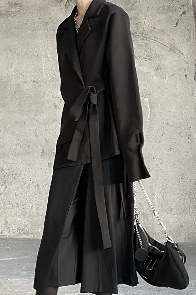 

SuperAen Solid Black New Design Small Suit Loose Straps Coat Autumn and Winter Women Blazers