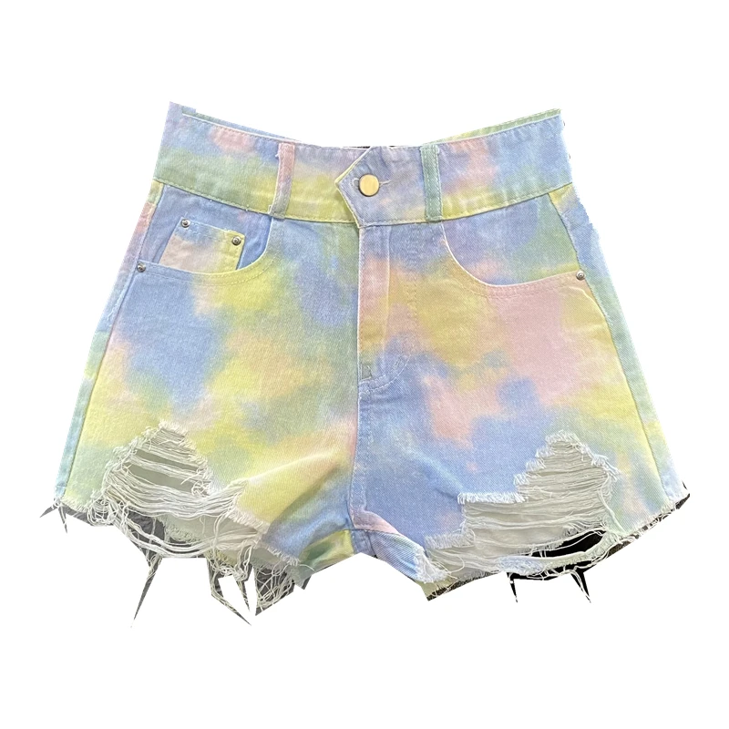 

Fashion Clolorful Denim Shorts Women Ripped Frayed Edge Hot Pants 2021 New Summer High Waist Gilrs Ladies Streetwear