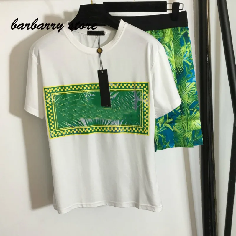 

2021 luxury high quality leaf printing fashion women's suit temperament versatile short sleeve T-shirt + high waist slim skirt
