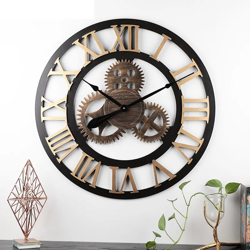 [HHT] Industrial Style Wooden Mute Wall Clock Gear Retro Hanging Sculpture Living Dining Room Creative Home Decoration | Дом и сад