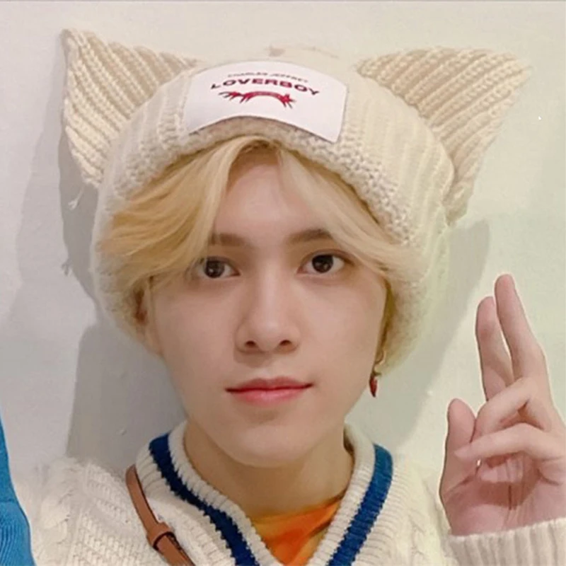 

KPOP WayV HENDERY шерстяная шапка в форме кошачьих ушей с логотипом для влюбленных мальчиков теплая вязаная шапка зимние декоративные шапки для па...