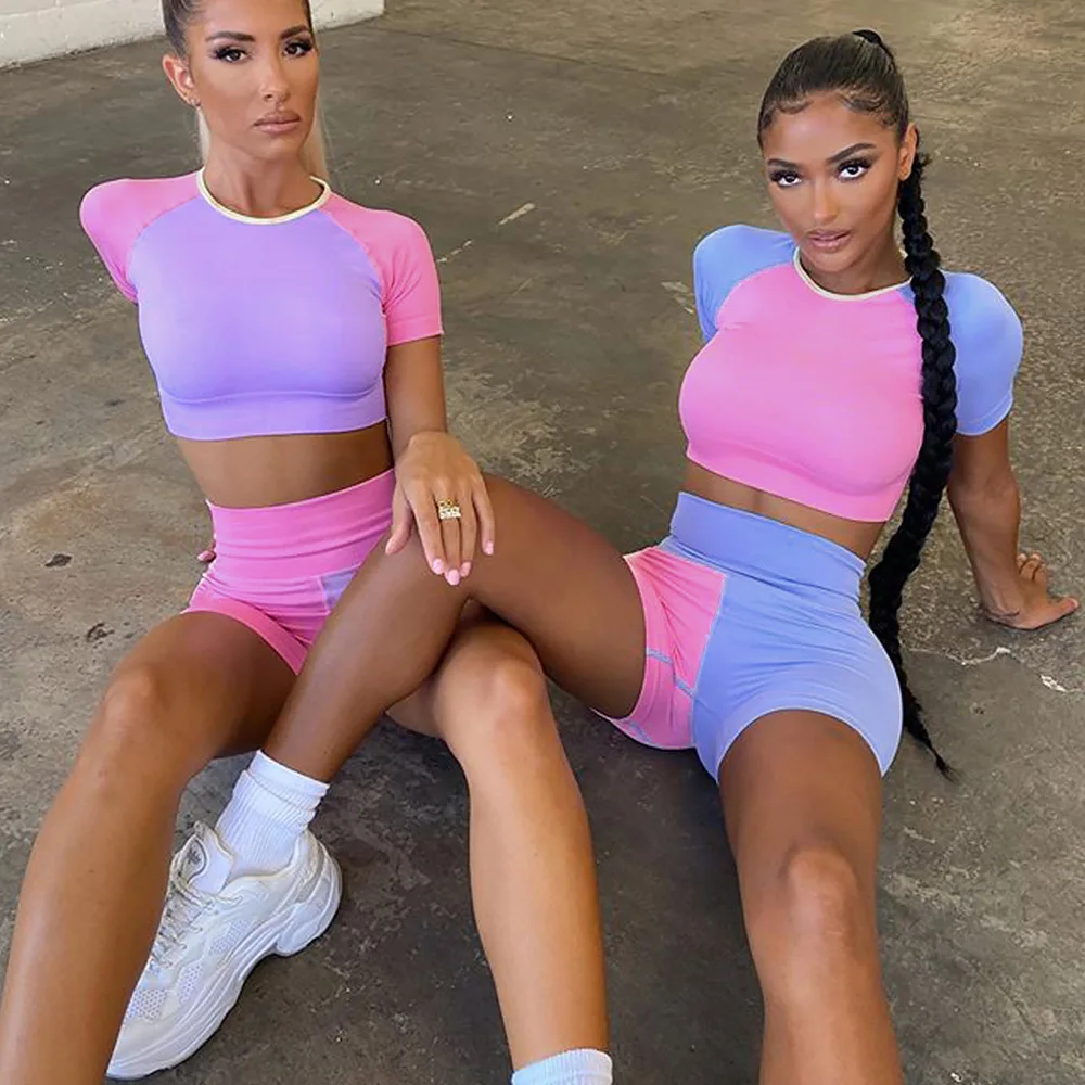 

2021 New Women's Stitching Fitness Sports Short-sleeved Shorts Yoga Suit Suit Sports Fitness Suit