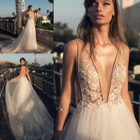 boho country style sexy wedding dresses deep v front and back beaded lace appliqued tulle long bridal gown new style custom mad