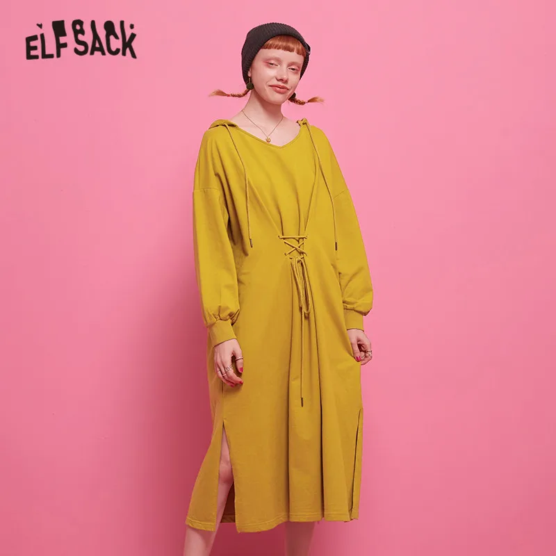 ELFSACK женское платье с разрезом и завязками осень 2019 корейские повседневные