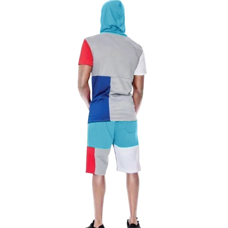 

European and American summer foreign trade new color matching sports suit men's short-sleeved hooded trend fashion customization