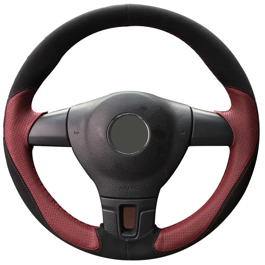

DIY Custom Hand Stitching Black Suede Wine Red Leather Car Steering Wheel Cover for Volkswagen VW Tiguan Lavida Passat B7 Jetta