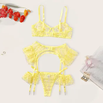 Women Yellow Underwire Bra Set Floral Embroidery Lingerie Thong Garter Belt Set Ladies Temptation Underwear Nightwear lenceria 1